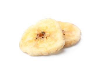 Photo of Sweet banana slices on white background. Dried fruit as healthy snack