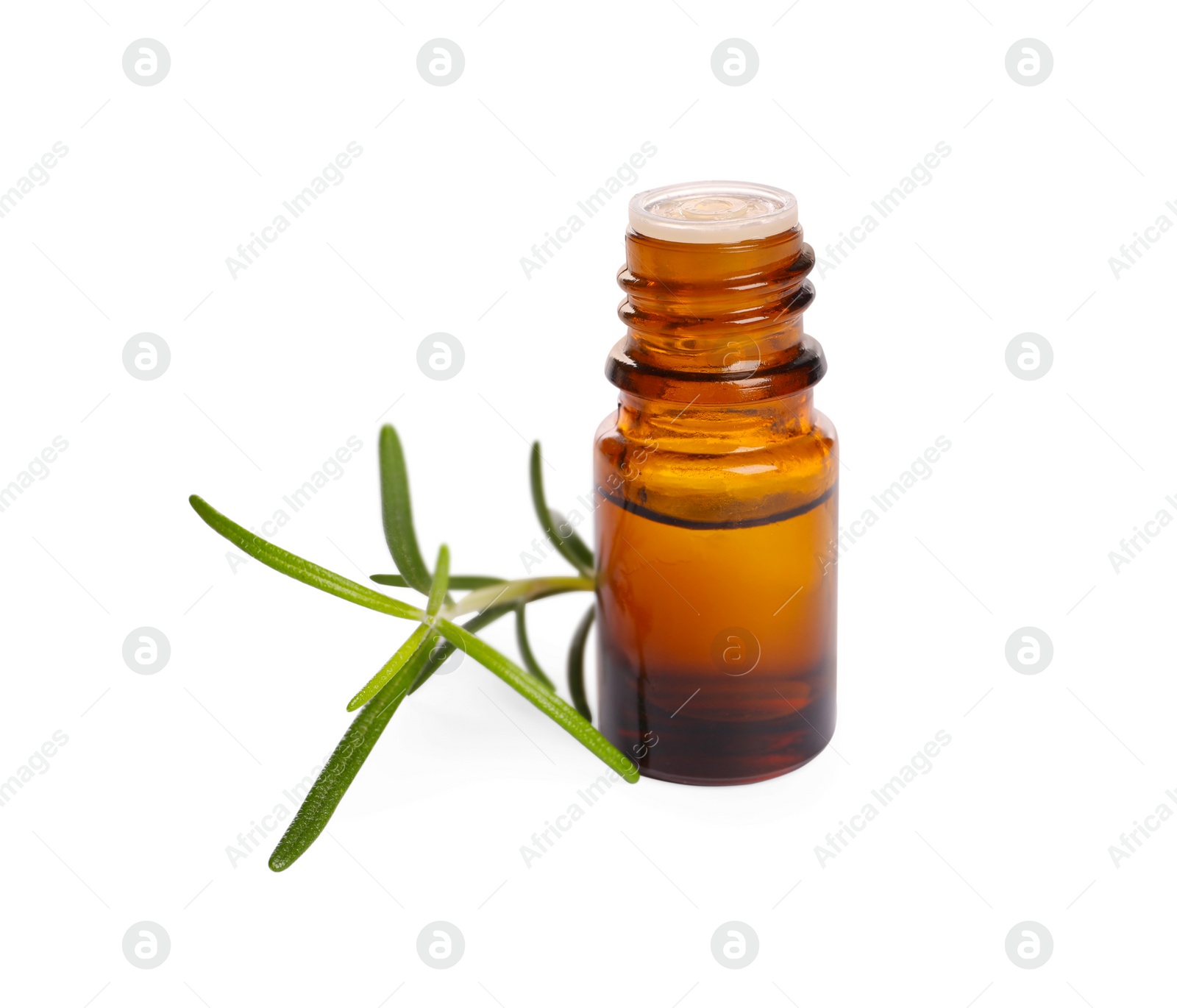 Photo of Sprig of fresh rosemary and essential oil on white background