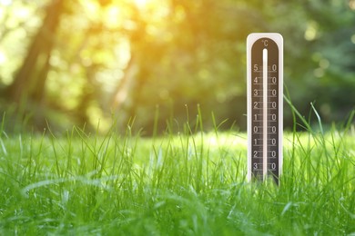 Image of Thermometer in green grass outdoors. Temperature in spring