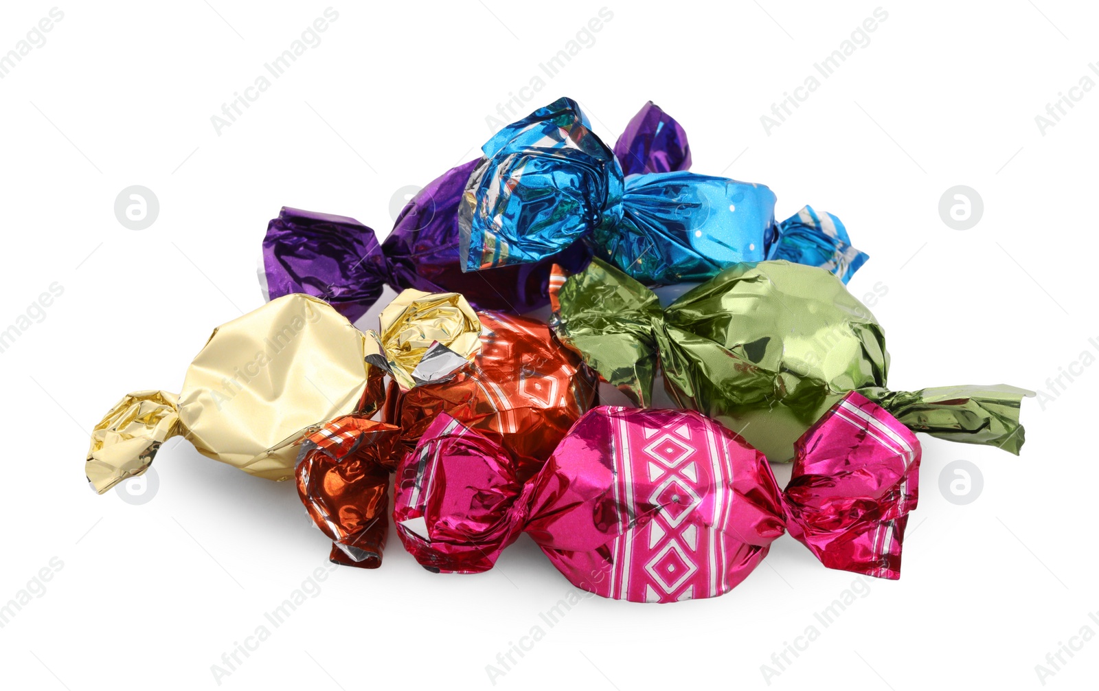 Photo of Sweet candies in colorful wrappers on white background