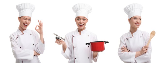 Chef in uniform on white background, set with photos