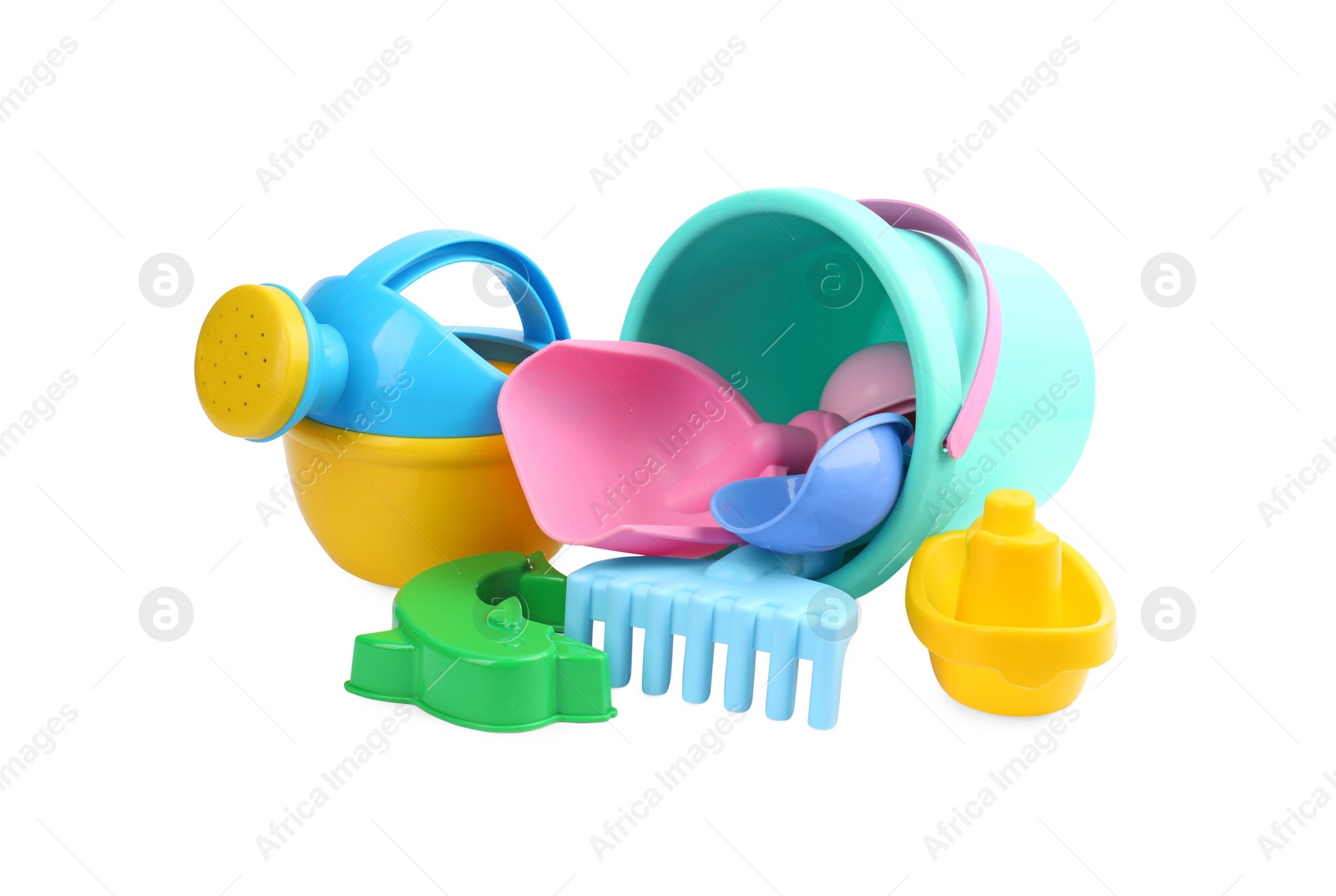Photo of Set of children's plastic toys isolated on white