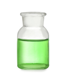 Apothecary bottle with light green liquid isolated on white