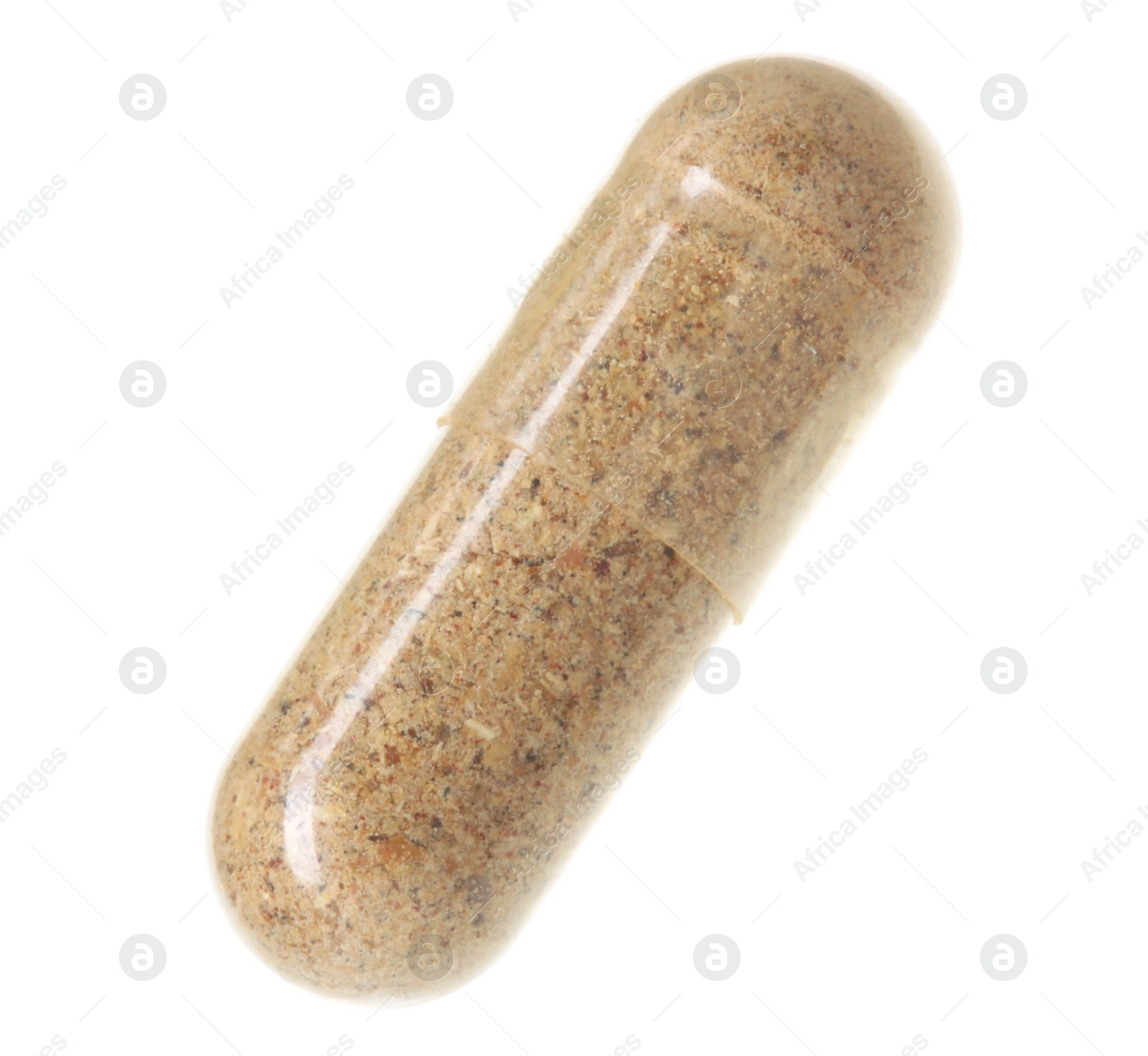 Photo of One vitamin capsule isolated on white. Health supplement