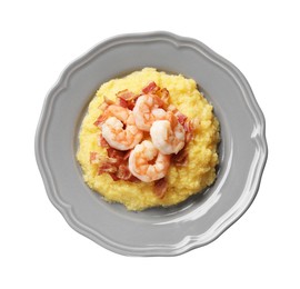 Plate with fresh tasty shrimps, bacon and grits isolated on white, top view