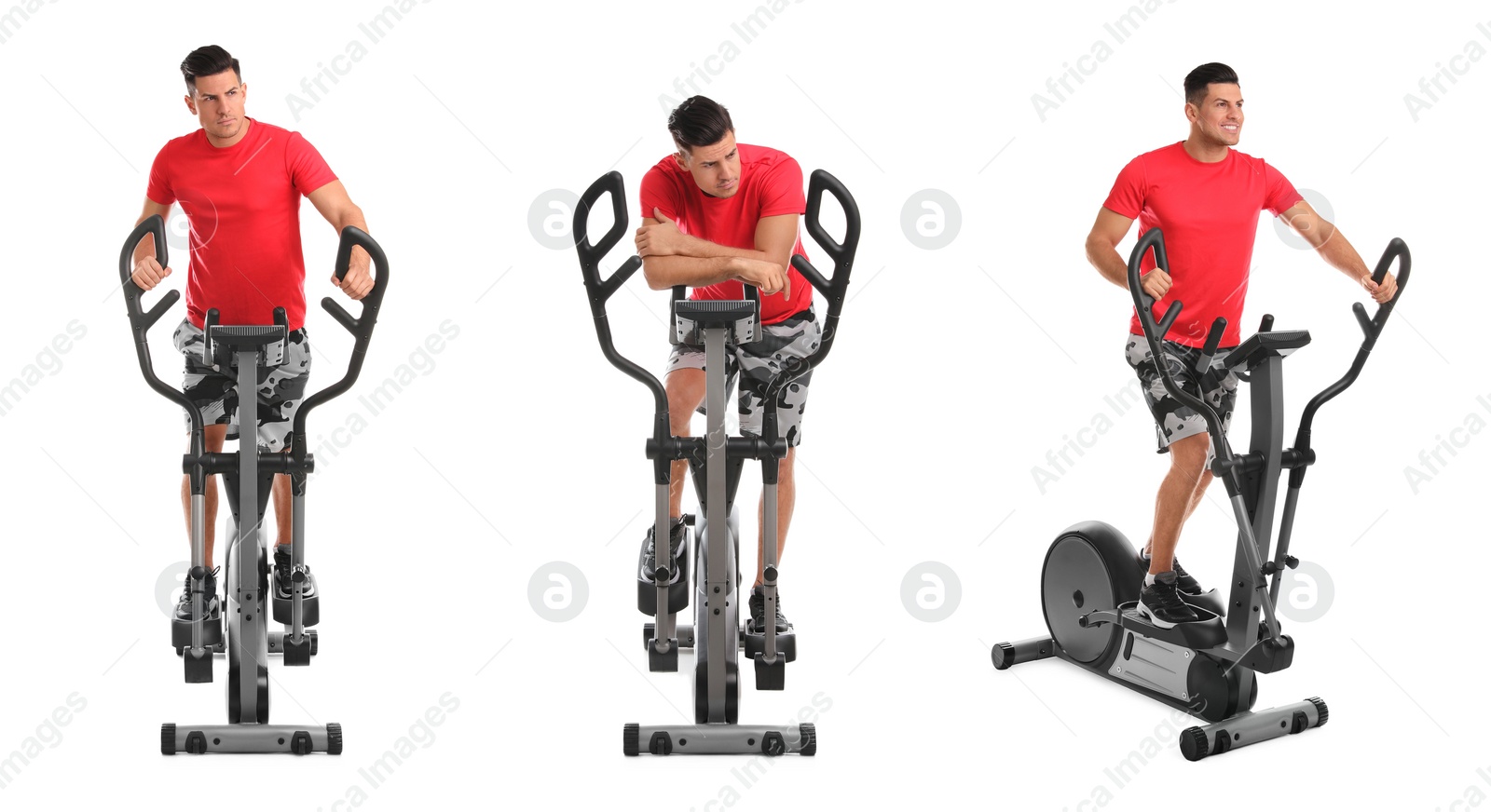 Image of Man using modern elliptical machine on white background, collage. Banner design