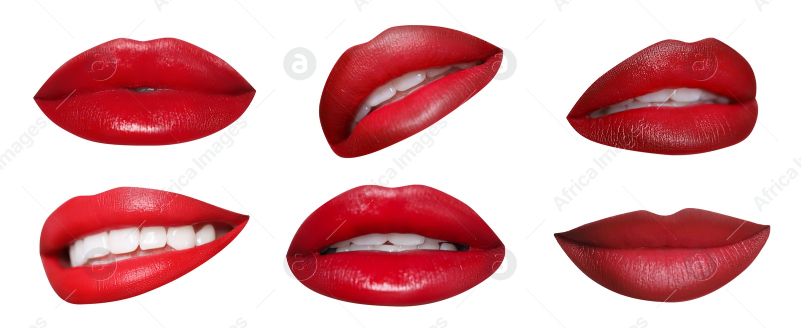 Image of Attractive lips with beautiful lipsticks isolated on white, collage. Banner design