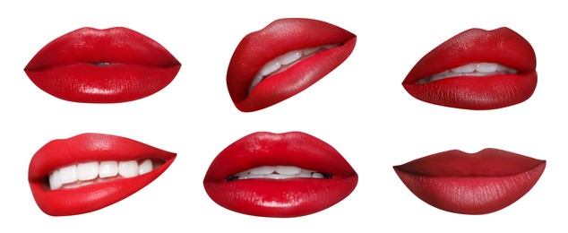 Attractive lips with beautiful lipsticks isolated on white, collage. Banner design