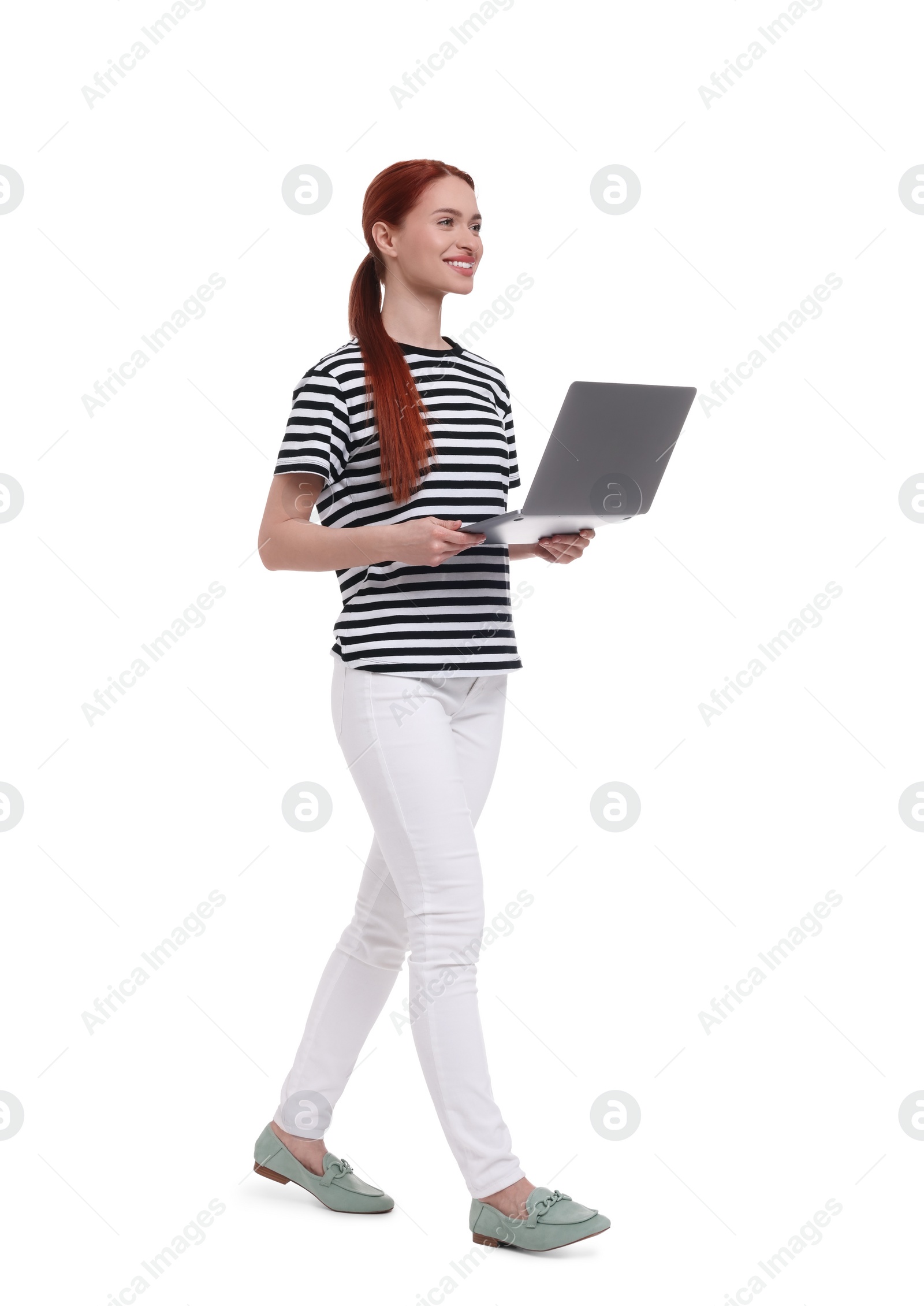 Photo of Happy woman with laptop on white background