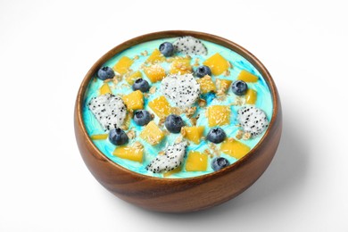 Photo of Delicious smoothie bowl with fresh fruits, blueberries and oatmeal on white background, closeup