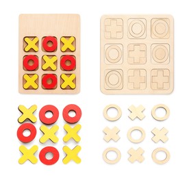 Image of Wooden tic tac toe sets on white background, collage