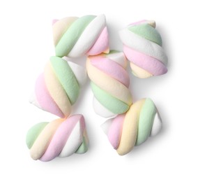 Delicious colorful marshmallows on white background, top view