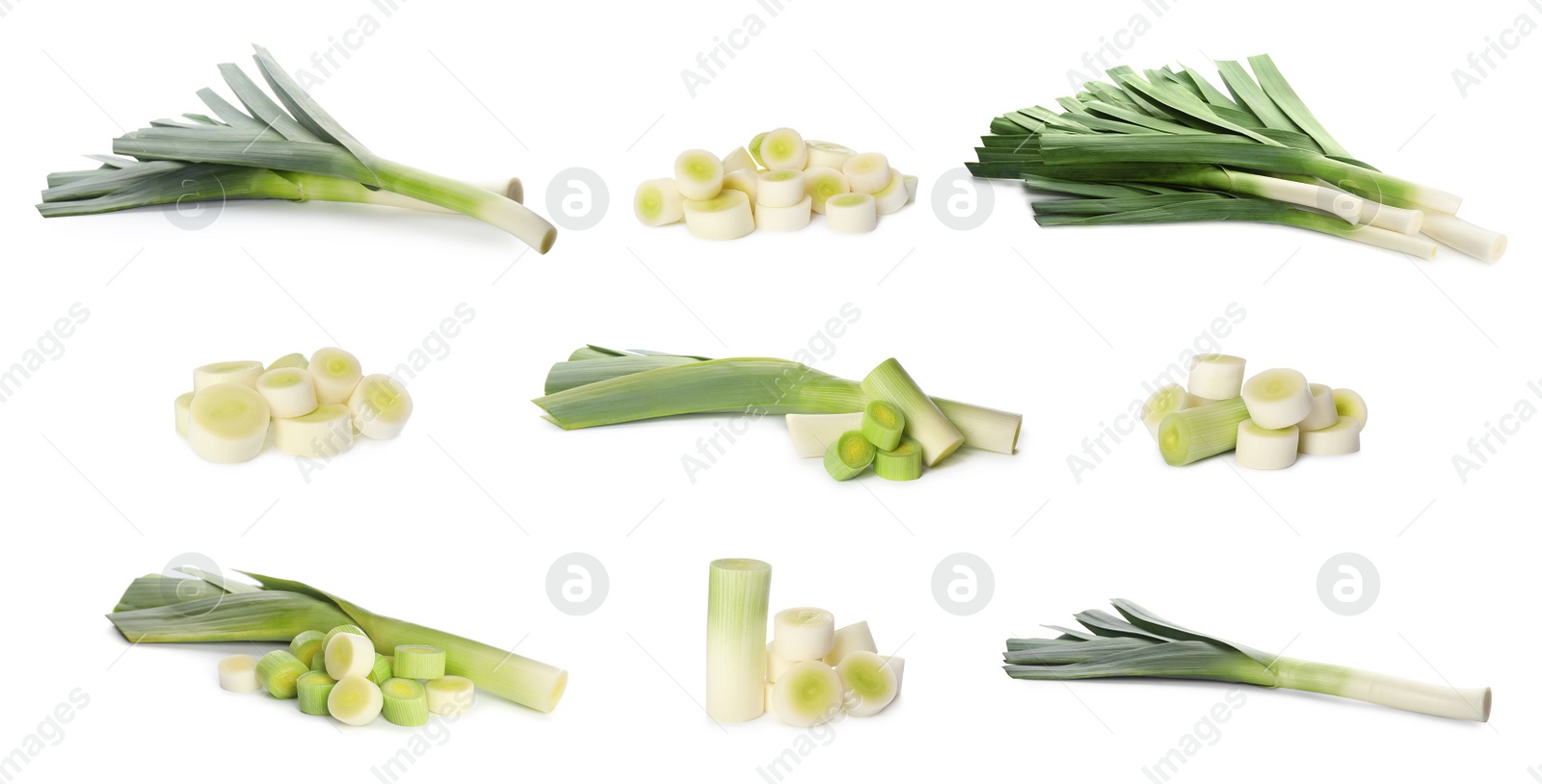 Image of Set with fresh raw leeks on white background