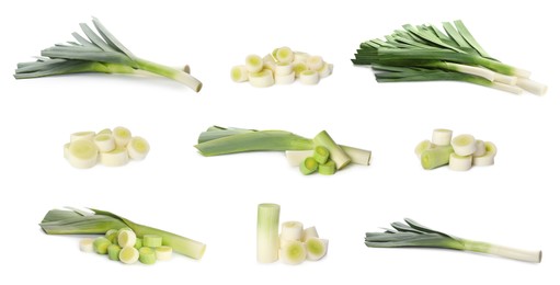 Set with fresh raw leeks on white background