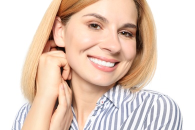 Photo of Portrait of woman with beautiful face on white background