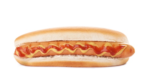 Tasty hot dog with ketchup and mustard on white background