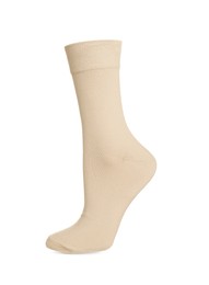 Photo of One new beige sock on white background