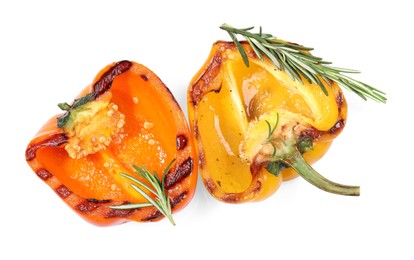 Photo of Tasty grilled bell peppers and rosemary isolated on white, top view