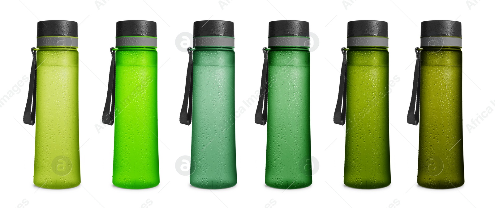 Image of Set with different stylish closed bottles with water on white background. Banner design