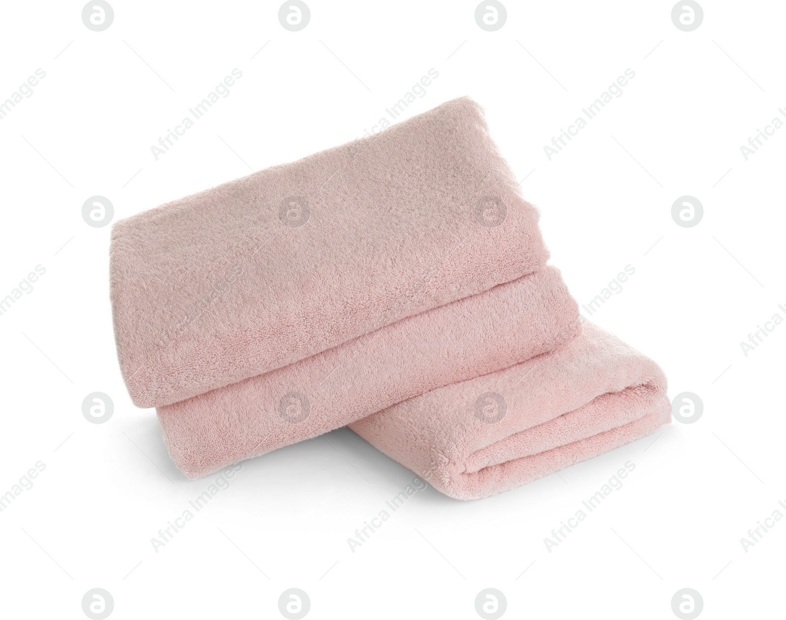 Photo of Stack of clean soft towels on white background