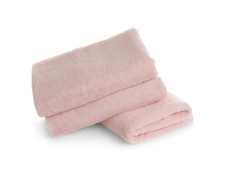 Stack of clean soft towels on white background