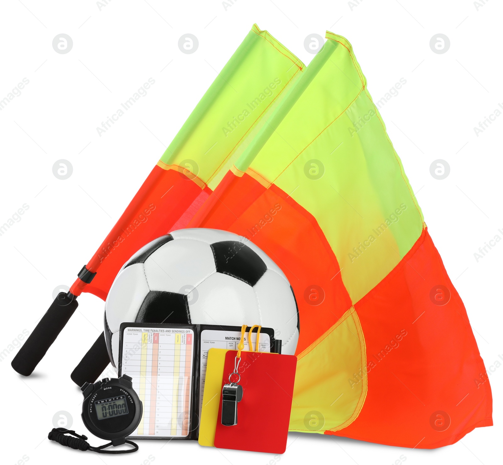 Photo of Soccer ball and different referee equipment isolated on white