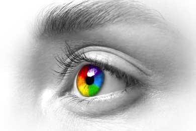 Image of Beautiful woman, closeup. Focus on left eye, iris in rainbow colors