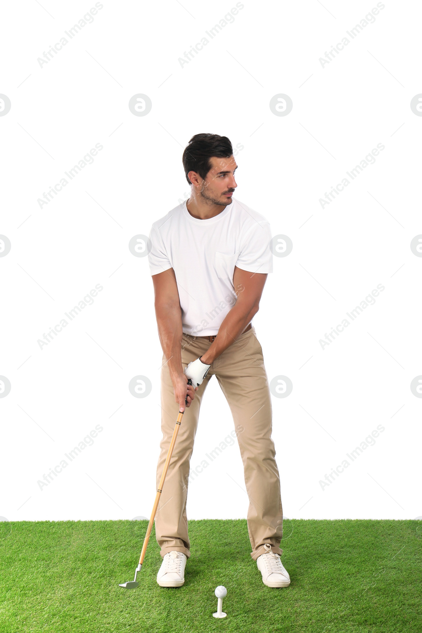 Photo of Young man playing golf on white background