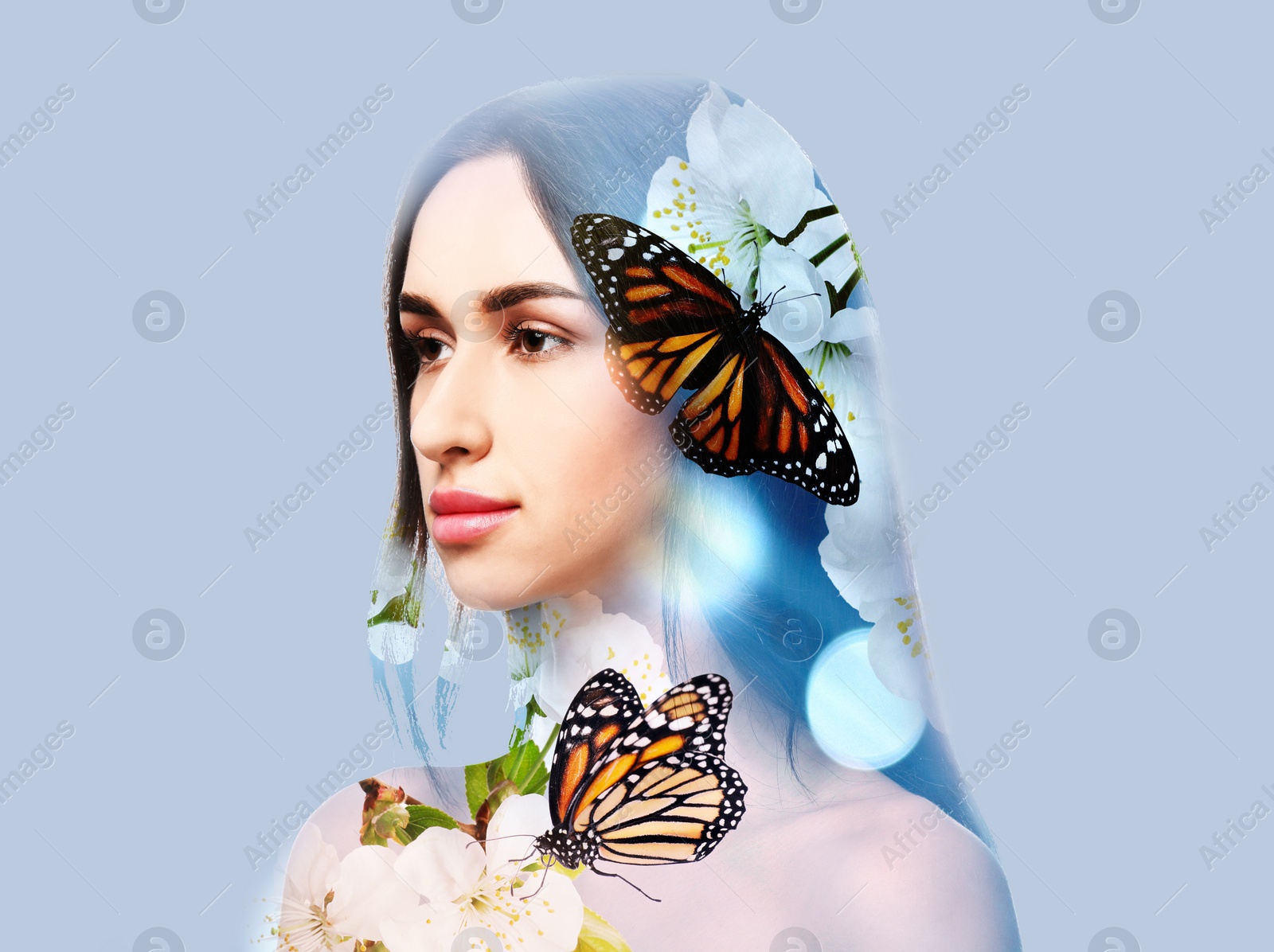Image of Double exposure of beautiful woman, blooming flowers and butterflies on light blue background
