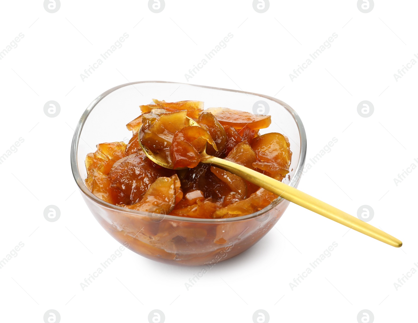 Photo of Tasty apple jam and spoon in bowl isolated on white