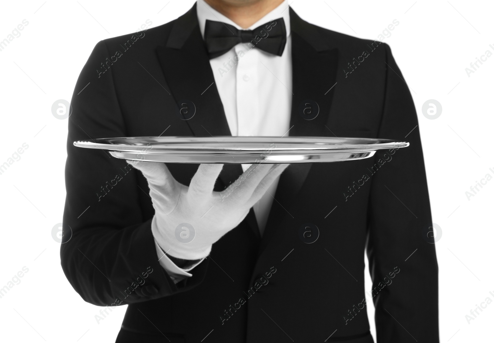 Photo of Elegant butler holding silver tray isolated on white, closeup