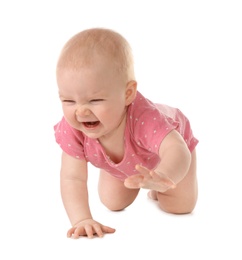 Photo of Cute little baby crawling on white background