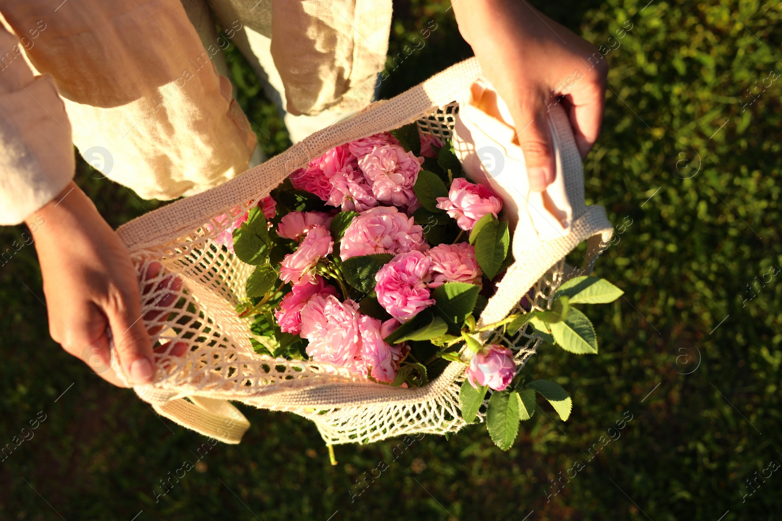 Photo of Woman holding mesh bag with beautiful tea roses outdoors, top view