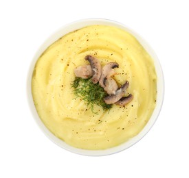 Photo of Bowl of tasty cream soup with mushrooms and dill isolated on white, top view
