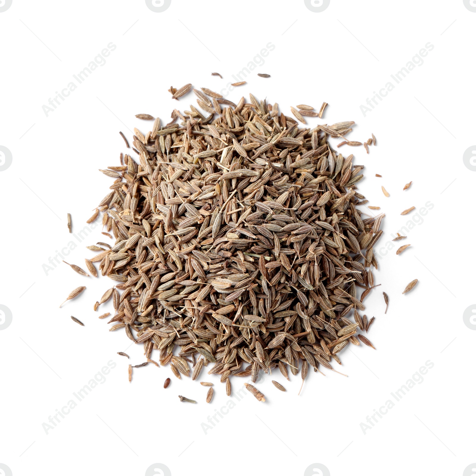 Photo of Heap of aromatic caraway (Persian cumin) seeds isolated on white, top view