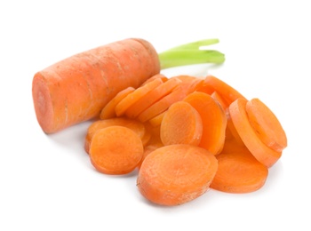 Photo of Tasty ripe cut carrot on white background