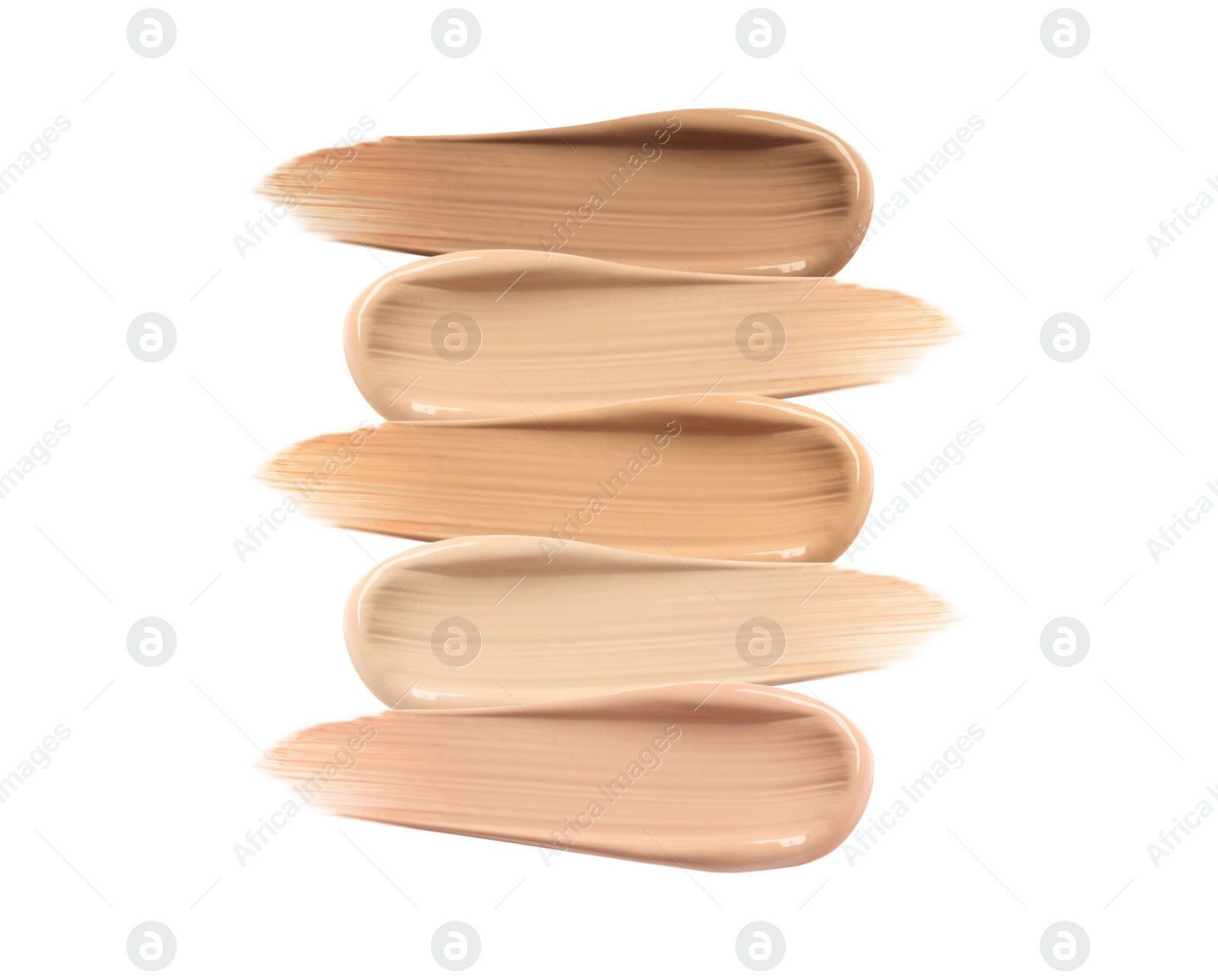 Image of Different shades of liquid skin foundation on white background, top view