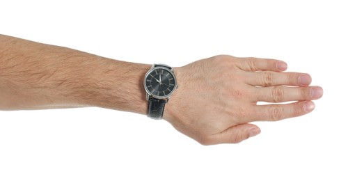 Photo of Man wearing luxury wrist watch on white background, closeup