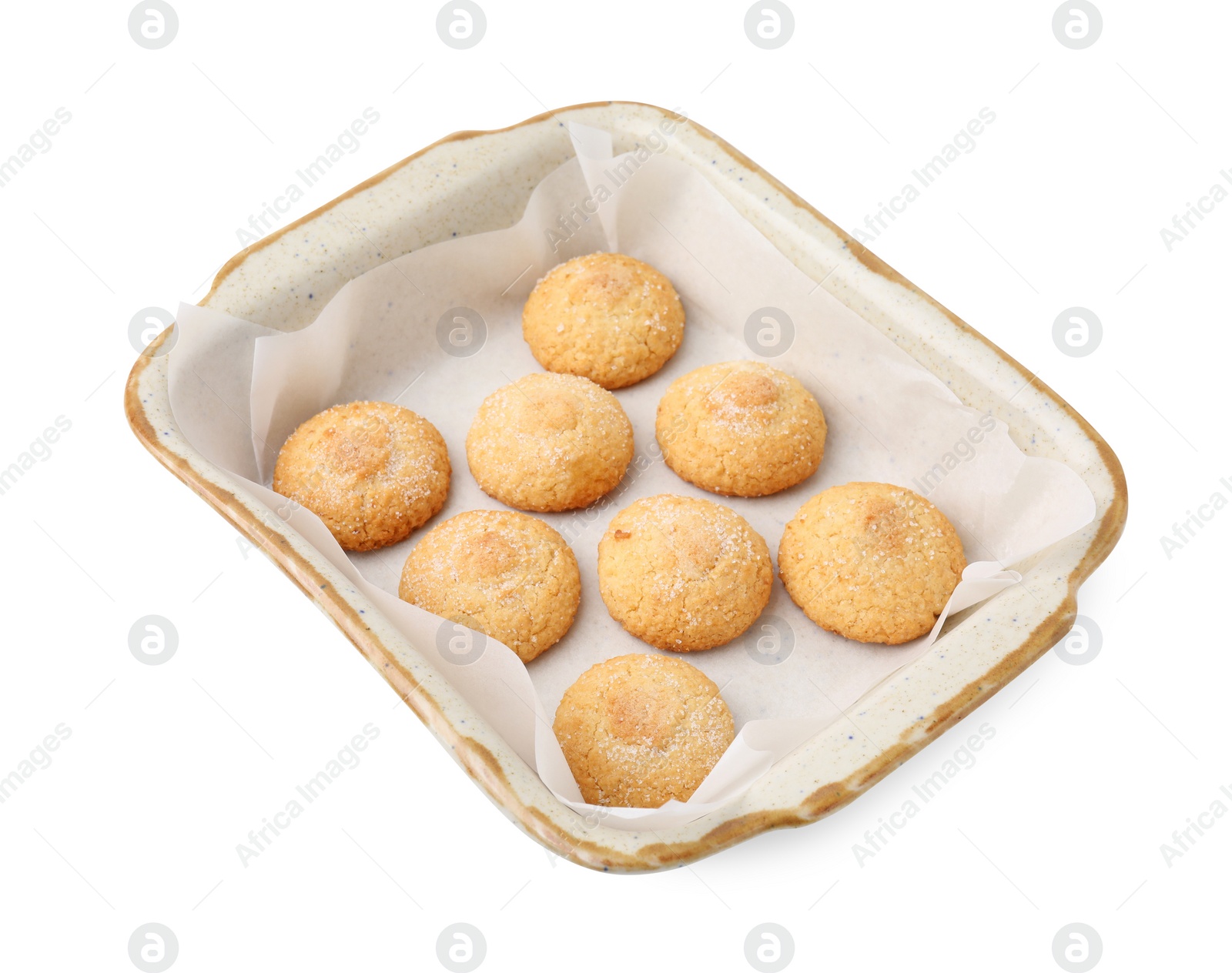 Photo of Tasty sweet sugar cookies in baking dish isolated on white