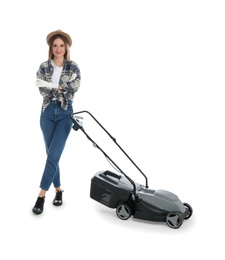 Young woman with modern lawn mower on white background