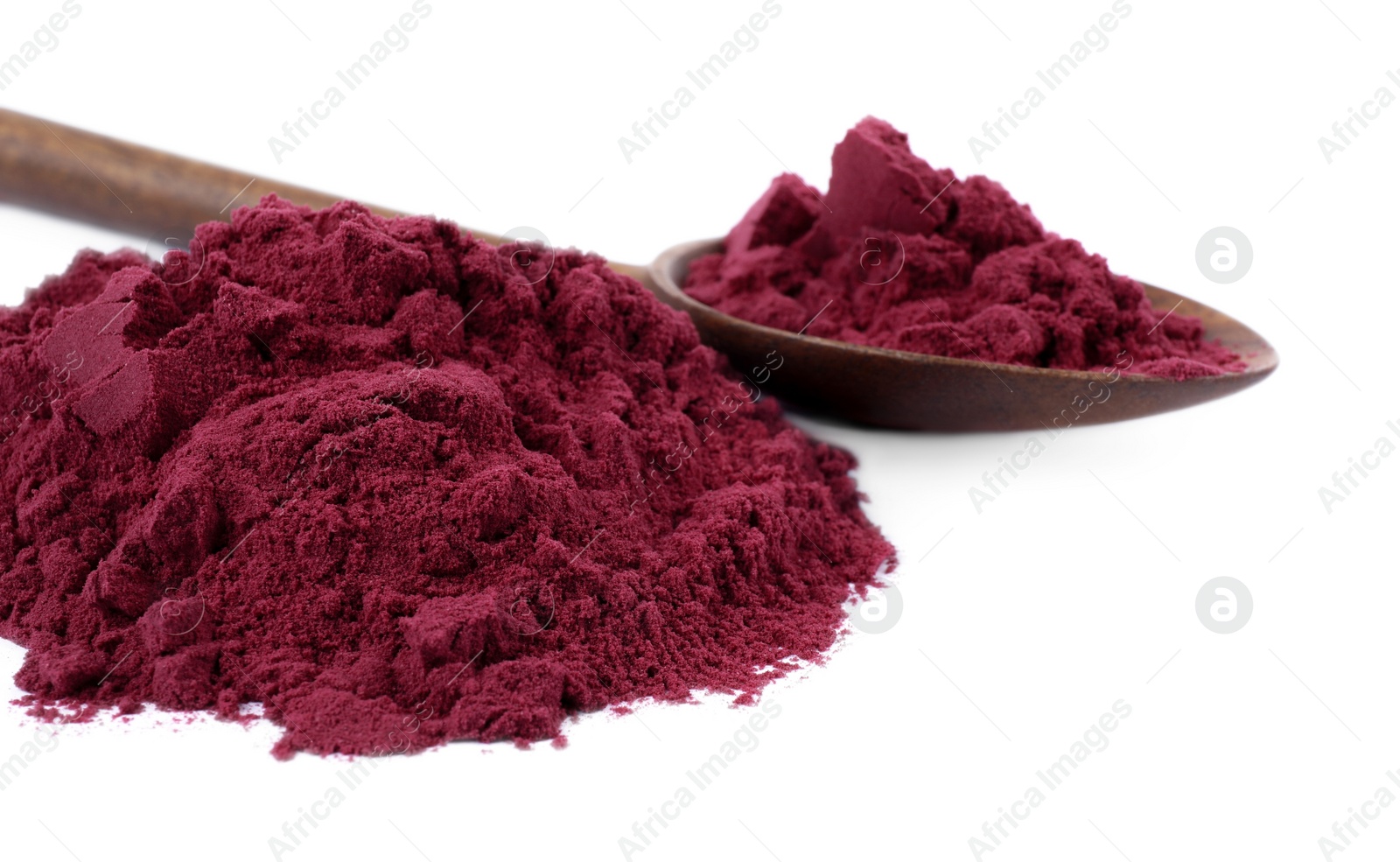 Photo of Acai powder and wooden spoon on white background