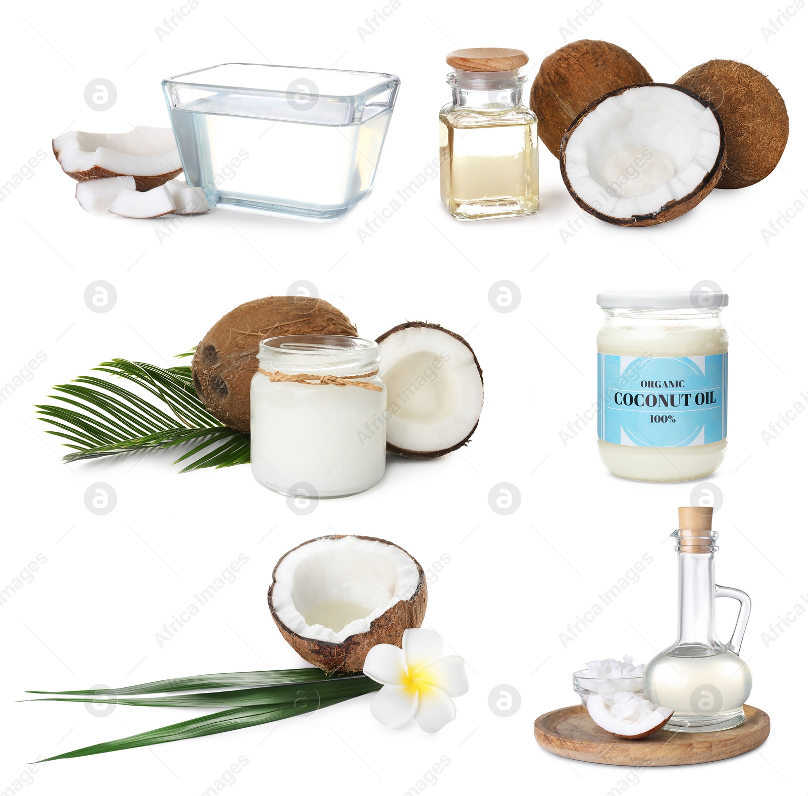 Image of Set of coconuts and organic cooking oil on white background