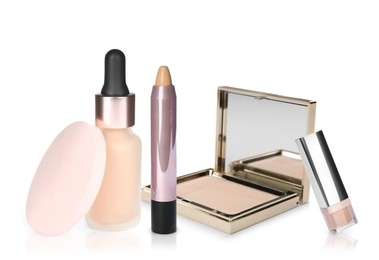 Image of Set with different decorative cosmetics on white background. Luxurious makeup products 