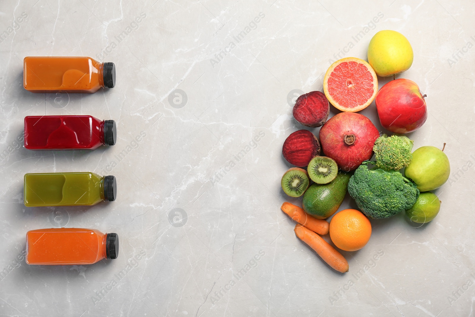 Photo of Flat lay composition with healthy detox smoothies and ingredients on light background