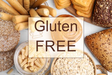 Image of Different gluten free products on white tiled table, flat lay