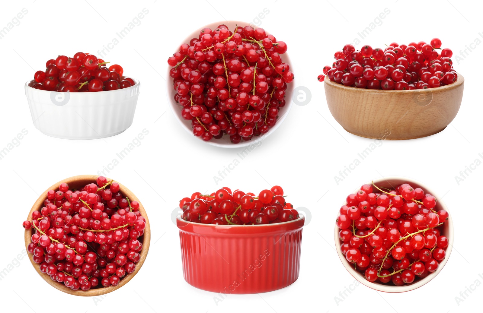 Image of Fresh red currants in bowls on white background, collection. Top and side views