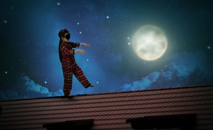 Image of Girl in blindfold sleepwalking on roof under starry sky with full moon