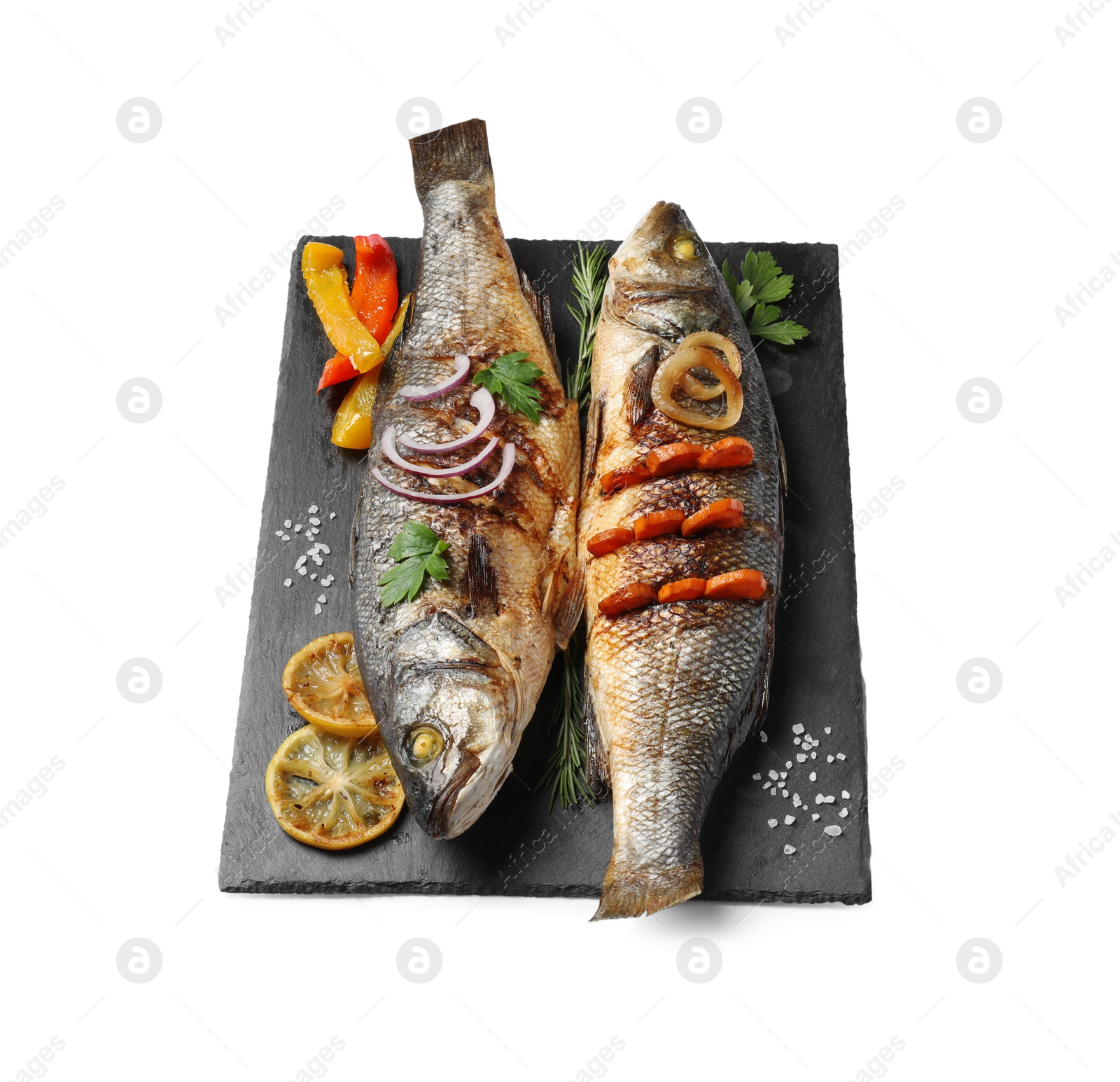 Photo of Delicious sea bass fish and ingredients isolated on white