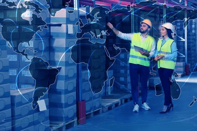 Image of Worldwide logistics. Manager and worker at warehouse and illustration of map