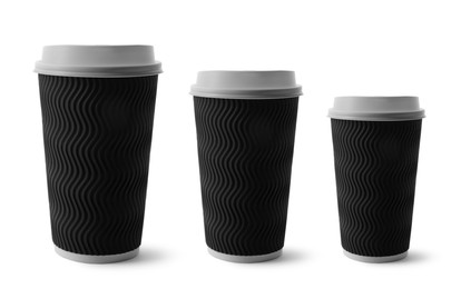 Image of Paper coffee cups of different sizes on white background, collage